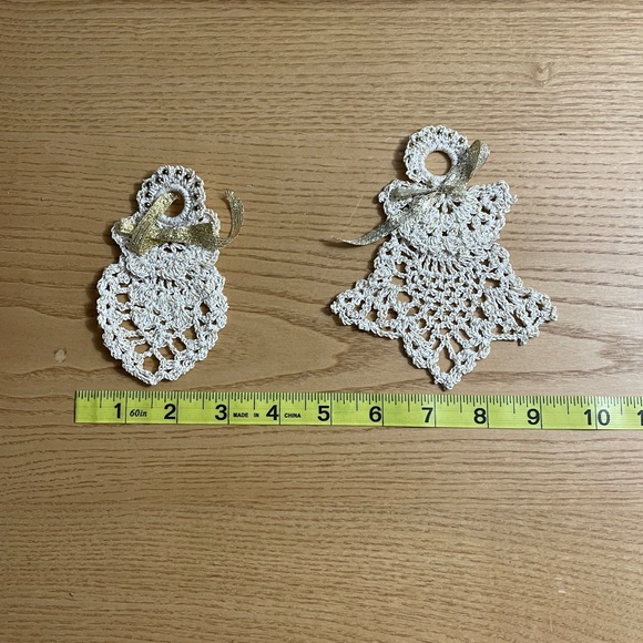 Vintage Crochet Ornaments Set of 2 Handmade Christmas Decor Bell Angel with Gold - Picture 8 of 8